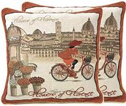 Tache Orange Burgundy Tapestry Throw Pillow Cover - Flowers of Florence- 18 Inch Square Vintage French Girl on a Bicycle- 2 Piece