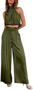 PRETTYGARDEN Women's 2 Piece Outfits 2025 Summer Casual Sleeveless Mock Neck Crop Tops Wide Leg Pants Set (Army Green,X-Large)