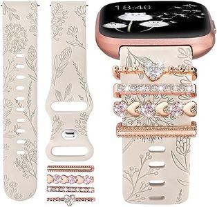 Minyee Floral Engraved Band with Charms Compatible with Fitbit Versa 2/Fitbit Versa/Versa Lite Bands Women,Bling Decorative Ring Loop Cute Soft Silicone Flower Fancy Strap for Versa 2 Watch(with Band)