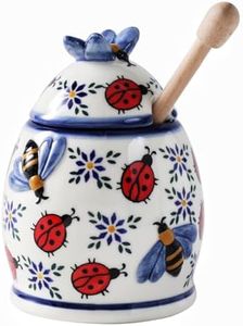 ZOOBEE Ceramic Honey Jar with Dipper and Lid,10oz Honey Pot with Embossed Bees, Handpainted Honey Container for Home Kitchen Decor, Dishwasher Safe- Summernight Ladybug