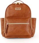 Itzy Ritzy Chic Mini Diaper Bag Backpack with Vegan Leather Changing Pad, 8 Total Pockets (4 Internal and 4 External), Grab-Top Handle and Rubber Feet, Cognac