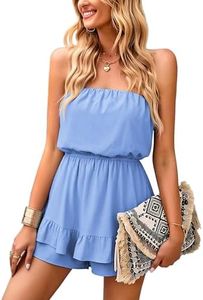 ECOWISH Women Off Shoulder Romper Strapless Floral Print Striped Beach Shorts Jumpsuit 497Sky Blue Medium