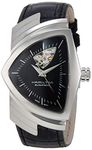 Hamilton Watch Ventura Open Heart Auto | Swiss Made | 34.7mm x 53.5mm Stainless Steel Case | Black Dial Analog Watch | Black Leather Strap (Model: H24515732), Black, Art Deco