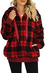Yanekop Sherpa Hoodie Fuzzy Fleece Hoodie Womens Gifts For Christmas Oversized Sweatshirt for Women(B Black Red Plaid,M)