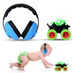 RATURISH Noise Cancellation Earmuffs For Kids with FREE Monster Truck Toy | Baby Hearing Protection | Comfortable Ear Muffs for Kids Ages 0-3 | Adjustable | Safe Soundproof Headphone For Babies (Blue)