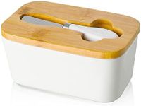 Porcelain Butter Dish with Knife & Wooden Lid, Candiicap Airtight Butter Keeper for Countertop, Large Butter Holder for East West Coast Butter(Matte White)