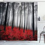 ABAKUHAUS Forest Shower Curtain, Mystical Fantasy Woodland Under Heavy Fog Tall Trees Bushes Contrast Colors, Cloth Fabric Bathroom Decor Set with Hooks, 78 Inches, Black Red Pale Grey