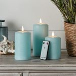 Lights4fun Set of 3 Distressed Wax TruGlow® Battery LED Flameless Pillar Candles Real Light Blue Wax with Remote Control