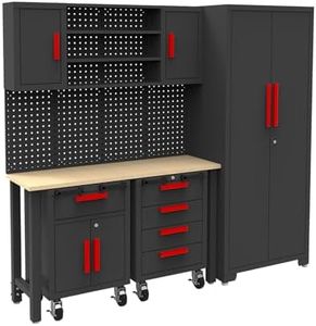 Torin Garage Storage Cabinets System, 6-Pcs Workshop Cabinet Set in Black, Included Steel Cabinets Drawers Rolling Chest and Pegborad,Locked Garage Storage Cabinet