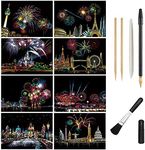 Magic Scratch Art Paper, Mini Envelope Postcard, Rainbow Night View Scratchboard for Adults and Kids, Art & Crafts Set: 8 Sheets Scratch Cards & 6 Tools Drawing Pen, Clean Brush (Gorgeous Fireworks)