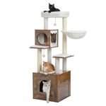 PAWZ Road Cat Tree, 57.5" Modern Cat Tower for Large Cats, Multi-Level Wood Condo with Extra Large House, Ultra-Soft Top Perch and Hammock, Sisal Covered Scratching Posts and Dangling Balls, Brown