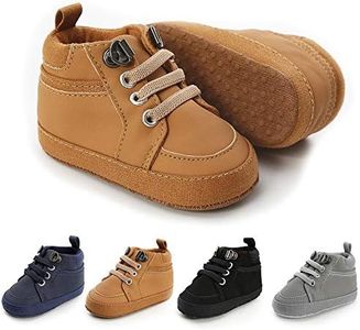 Meckior Toddler Baby Boys Girls High Tops Ankle Sneakers Soft Anti-Slip Sole PU Leather Moccasins Infant Newborn Prewalker First Walking Crib Shoes, A01/Brown, 6-12 Months Infant