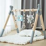 Avrsol Wooden Baby Play Gym Foldable Baby Play Gym Frame Activity Gym Hanging Bar with 5 Gym Baby Toys Natural Gift for Newborn Baby (Foldable Grey)