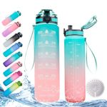 32oz Daily Water Bottle with Motivational Time Marker, Reusable Plastic BPA Free Water Jug, 1 Liter Fast-Flow Drinking Bottle for School,Work,Travel,Gym and Outdoor Sports(32oz/1000ml,Green to Pink)