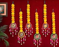 Just Flowers Artificial Marigold Flowers Wall Door Hanging Latkan Toran With Pom Pom Bells For Home Wedding Stage Backdrop Decoration (Set Of 6Pc, Orange & Yellow), 76.2 CM