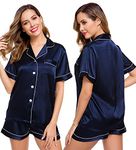 LecGee Womens Silk Satin Pajamas Short Sleeve Loungewear Two-Piece Sleepwear Button-Down Pj Set, Deep Navy Blue-03, Large