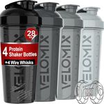 VELOMIX -4 PACK- 28 oz Protein Shaker Bottle for Protein Mixes - 4x Wire Whisk | Leak Proof Shaker Cups for Protein Shakes | Protein Shaker Bottle Pack | Protein Shake Cup