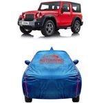 AUTOUNIKO 100% Waterproof Triple Stiched Full Body Car Cover for Mahindra Thar with Mirror and Antena Pocket with Soft Cotton Inside(Full Buttom Elastic)(Blue with Red Piping)