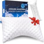 Cooling Side Sleeper Pillow for Neck and Shoulder, Luxury Shredded Memory Foam Curved Bed Pillows for Sleeping Set of 1- Adjustable Queen Size- Washable Cover Crescent White