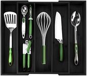 PRISTINE BAMBOO Silverware Organizer - Kitchen Drawer Organizer - Cutlery Organizer in Drawer - Silverware Organizer, Flatware Silverware Holder, Expandable Adjustable Wooden Dividers (5-slots, Black)