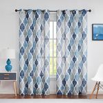 Beauoop Blue Grey Sheer Voile Curtains for Bedroom 90 Inch Drop Moroccan Tile Print Linen Textured Curtains for Living Room Kitchen Farmhouse Lattice Window Treatment Set 2 Panels