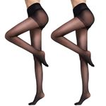 DRESHOW 2 Pairs Women's Sheer High Waist Tights 20D Pantyhose Black with Control Top and Reinforced Toes