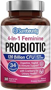 Surebounty 4-in-1 Feminine Probiotic, 120 Billion CFU + 34 Strains, Highest Potency for Women, Prebiotics + Digestive Enzymes + Cranberry, Digestive, Vaginal, Mood, Immune & Overall Support, 30 caps