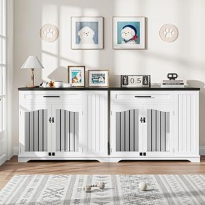 Furniture Style Dog Crate for Large Dogs, 44 Inch Heavy Duty Wooden Dog Kennel Furniture with Drawer & Side Storage and Bulit-in Feeding Station,White Set of 2