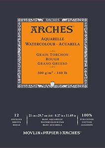 ARCHES Aquarelle - Bloc 12 feuilles 21x29,7 collé petit côté - 300g/m² - grain torchon, blanc naturel, 4 bords francs