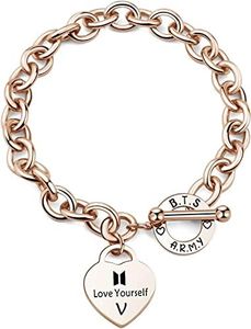 TTJHGYQO Charm Bracelets for Women, Bracelet with Charms Love Yourself Cute Stainless Steel Charm Bracelet Lover Fans A.R.M.Y Dangle Bracelets for Women Sister Pulseras Para Mujer De Plata, 7 inches,