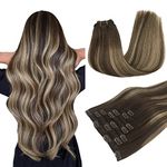 Human Hair Extensions Clip in, 7pcs 120g 22 Inch, MAXITA Balayage Chocolate Brown to Honey Blonde Real Hair Extensions Clip in Human Hair Straight Natural Long Hair Extensions