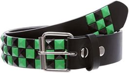 beltiscool Snap On Punk Rock Black & Green Star Studded Checker Board Leather Belt, Black/Green, XXL 42"-44"