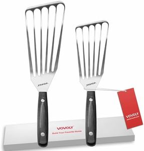 2 Pack Fish Spatula Turner, Stainless Steel Slotted Spatulas for Flipping, Turning, Frying & Grilling, 3"x6"+4"x8" Metal Slotted Spatulas, Wooden Full Tang Handle & Curved Blade