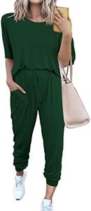 PRETTYGARDEN Women's Two Piece Outfit Short Sleeve Pullover with Drawstring Long Pants Tracksuit Jogger Set (Dark Green,3X-Large)