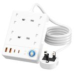 Extension Lead with USB Slots, Extension Lead 1.5 M, Power Strip with 4 USB Extension (2 USB-A, 2 USB-C), Plug Socket with 4 Way Outlets, Extension Lead Surge Protection for Office, Home, Hotel