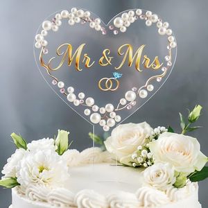 BoisduBois Elegant Wedding Cake Topper - Premium Acrylic Cake Decorations for Wedding, Engagement, Bridal Shower, and Anniversary, Romantic Party Centerpiece Keepsake (perl white)