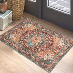 Yamaziot Washable Area Rug, 2x3 Small Entryway Rug Non-Slip Boho Vintage Rug with Rubber Backing, Low Pile Faux Wool Soft Distressed Rug Floor Carpet for Indoor Door Mat, Kitchen, Laundry Bathroom