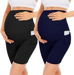 YOLIX 2 Pack Maternity Shorts Over Belly, High Waisted Black Workout 8” Pregnancy Biker Shorts with Pockets, Black/Navy Blue, M