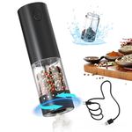 CIRCLE JOY Electric Black Pepper Grinder Rechargeable Pepper Mill Grinder with 6 Levels External Adjustable Coarseness, 95ml Large Capacity, White LED Light, USB Cable