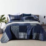 Qucover Patchwork Quilt Double, Mixed Colors Deep Blue Grey - Quilted Bedspreads Double Size, Real Patchwork Vintage & Elegant Bed Spread Handmade, 100% Cotton Bedspread with 2 Matching Pillowcases