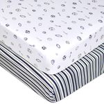 American Baby Company 2 Pack Fitted Mini Crib Sheet 24" x 38", Soft Breathable Neutral 100% Cotton Jersey Portable Sheet, Navy/Gray Stripes/Sports, for Boys and Girls, Fits Most Pack N Play Mattresses