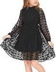 Flypigs Winter Dresses for Girls Swiss Dot Flared Sleeve Flowy Swing Dress Black Party Dress for Kids 7Y-8Y