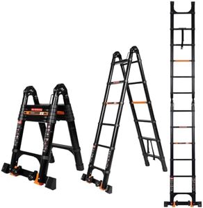 Wolec 12.5 FT A Frame Telescoping Extension Ladder with Balance Bar & Wheels, Multi-Purpose Aluminum, Heavy Duty 330 lbs Max Capacity, Ideal for Home and Outdoor Work, Black