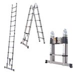 3.8M / 1.9M+ 1.9M Foldable Ladders A Frame Telescopic Stainless steel Extendable Extension 16 Steps150kg Max. Capacity Multipurpose Climb Ladder Portable Loft Attic for Business Home Work DIY Builder