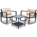 COSTWAY 3 PCS Garden Rocking Bistro Set, PE Rattan Furniture Set with 2-tier Glass Table, Glider Armchairs and Cushions, Outdoor Wicker Conversation Sofa Table Set for Patio Yard Poolside (Beige)