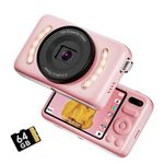 Digital Camera with 64GB SD Card, 64MP 2.7K FHD Autofocus 16X Zoom Kids Camera with Anti-Shake, Compact Rechargeable for Teens and Beginners (Pink)