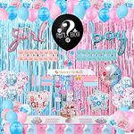 Gender Reveal Decorations - Gender Reveal Party Supplies 317PCS, 36 Inch Reveal Balloon, Boy or Girl Foil Balloons, Foil Curtains, Photo Props, Tablecloth, Toppers, Sash, Banner, Team Stickers…