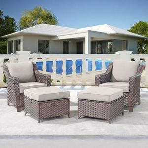 Outdoor Wicker Chair Patio Chairs-Rattan Wicker Chairs with Ottomans Patio Conversation Sets for Porch Garden Balcony Backyard Poolside-Brown/Beige