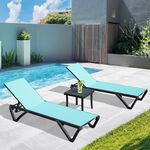 Domi Patio Lounge Chairs Set of 3, Aluminum Pool Chaise Lounge with Side Table,5 Position Adjustable Backrest and Wheels, Lounge Chairs for Pool, Garden, Beach, Backyard, Turquoise Blue