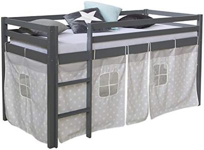 Homestyle4u 1875, Cot 90x200 Grey, Lit Mezzanine avec Rideau en étoile, Bois